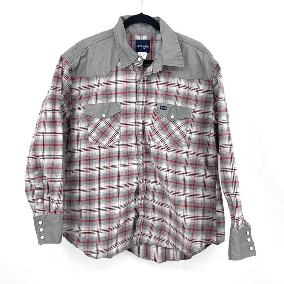 WRANGLER Gray Red Plaid Super Stiff Fabric Work Wear Pearl Snap Shirt Size XXL - Picture 1 of 4